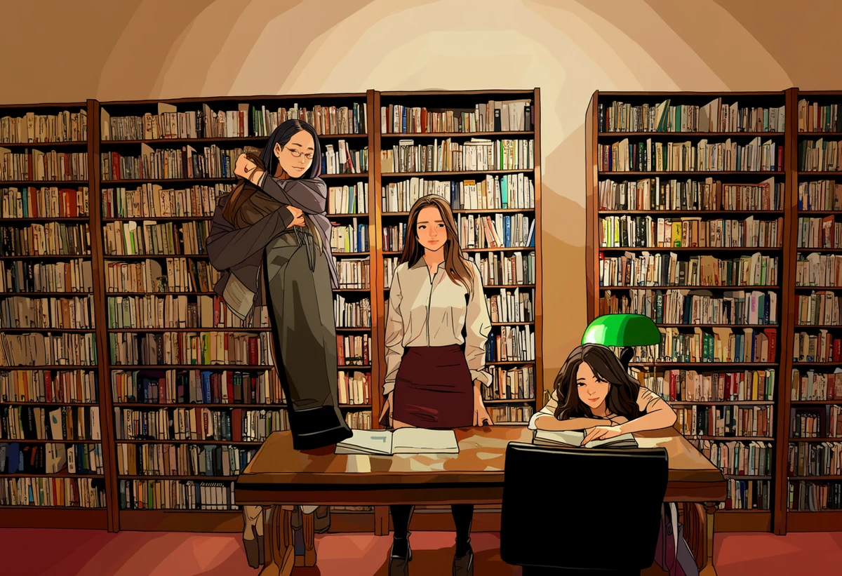 two adult women age 39 and 35 alone in a university library after hours, one lifted onto the reading table, green banker's lamp, explicit lesbian adult manhwa art style